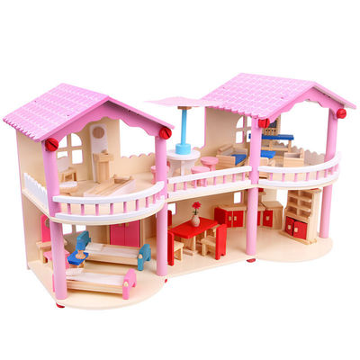 tradicional rosado de los 24cm Mini Wooden Doll House Toys coloreado