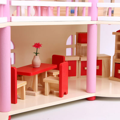 tradicional rosado de los 24cm Mini Wooden Doll House Toys coloreado