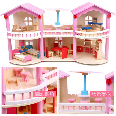 tradicional rosado de los 24cm Mini Wooden Doll House Toys coloreado