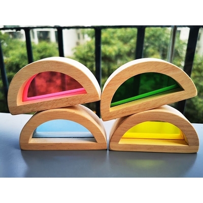 Madera de goma sólida de madera de Montessori Toy Sensory Rainbow Mirror Blocks de los niños que apila el apilador de acrílico de Buliding educativo