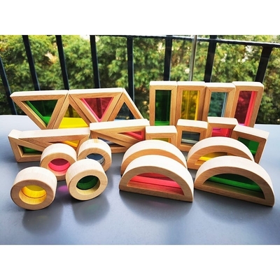 Madera de goma sólida de madera de Montessori Toy Sensory Rainbow Mirror Blocks de los niños que apila el apilador de acrílico de Buliding educativo