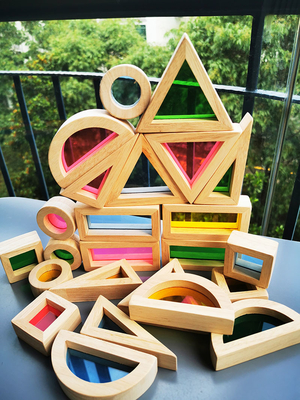 Madera de goma sólida de madera de Montessori Toy Sensory Rainbow Mirror Blocks de los niños que apila el apilador de acrílico de Buliding educativo