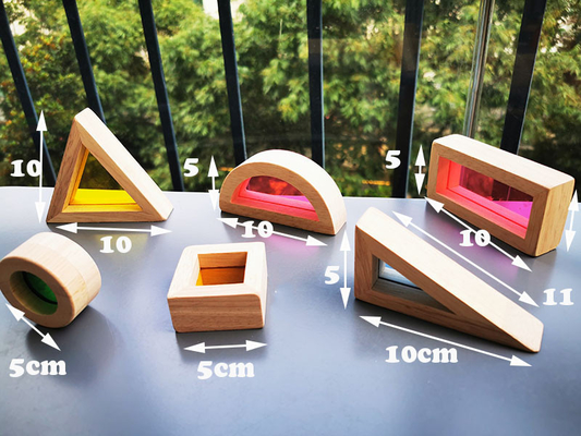 Madera de goma sólida de madera de Montessori Toy Sensory Rainbow Mirror Blocks de los niños que apila el apilador de acrílico de Buliding educativo