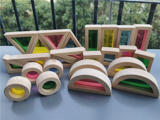 Madera de goma sólida de madera de Montessori Toy Sensory Rainbow Mirror Blocks de los niños que apila el apilador de acrílico de Buliding educativo