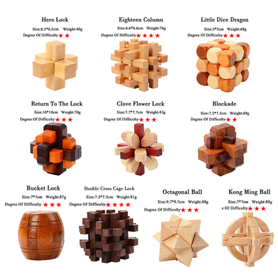 Juego de madera del rompecabezas del índice de inteligencia de Kong Ming Puzzles Set Luban Lock para el juguete adulto del juego del grado de los niveles de Brain Teaser 3 del asesino de tiempo de los niños
