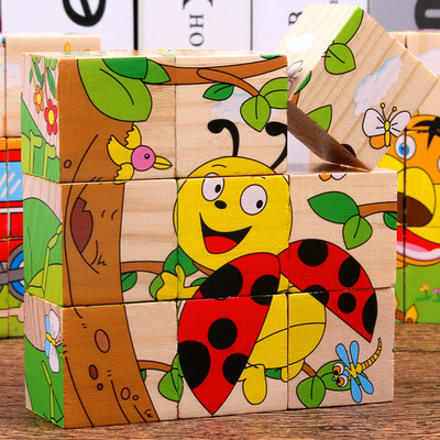 El bloque de madera del bebé juega la fruta animal temprana aprendiendo seis rompecabezas del cubo del lado 3D