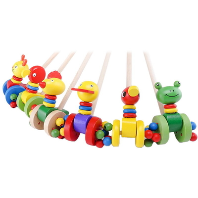 Madera de madera del coche de carretilla de los animales de la historieta de los niños que empuja a Toy Random Color
