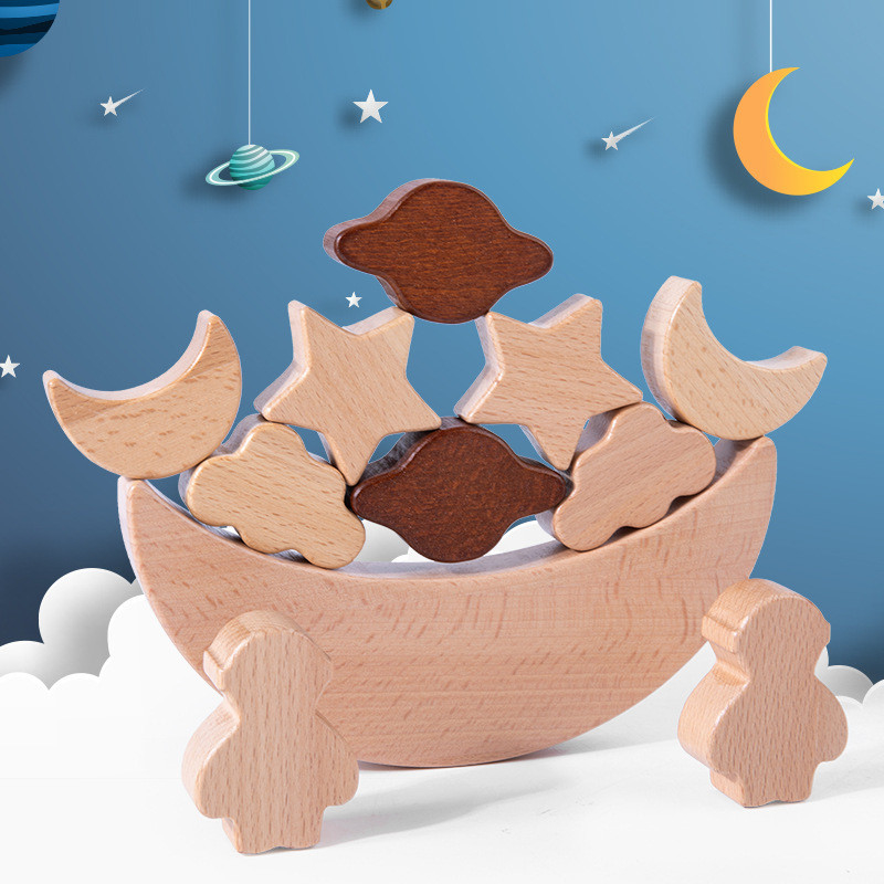 Los bloques de madera de los juguetes educativos de los niños de Montessori que las estrellas están en la luna apilaron el contra de madera de Toy Diy Baby Balance Training de los bloques
