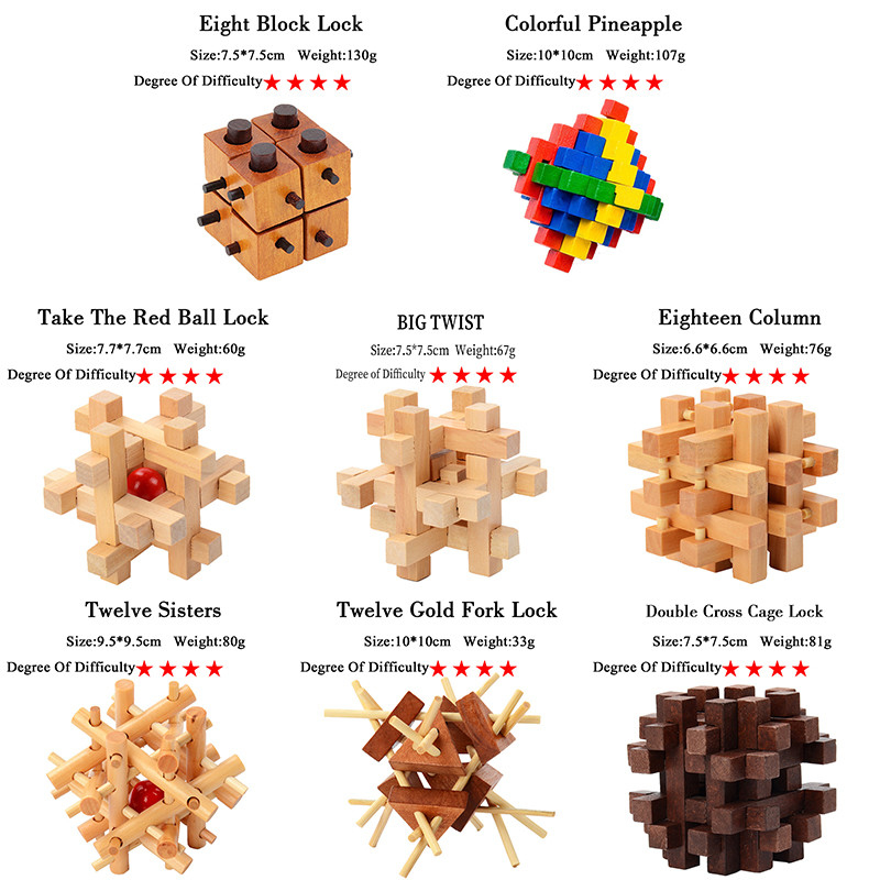 Juego de madera del rompecabezas del índice de inteligencia de Kong Ming Puzzles Set Luban Lock para el juguete adulto del juego del grado de los niveles de Brain Teaser 3 del asesino de tiempo de los niños